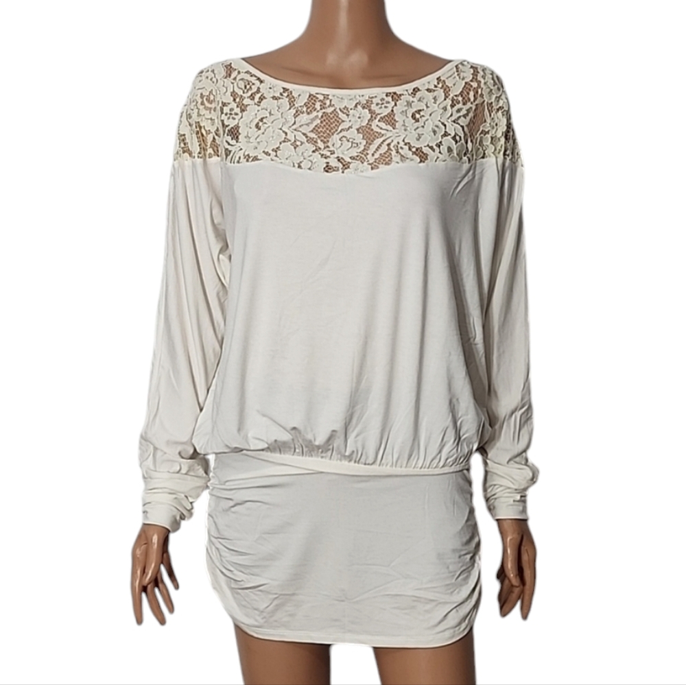 Boston Proper Women's Lace blouson Top‎ off white/ Ivory long sleeve Size M NWT